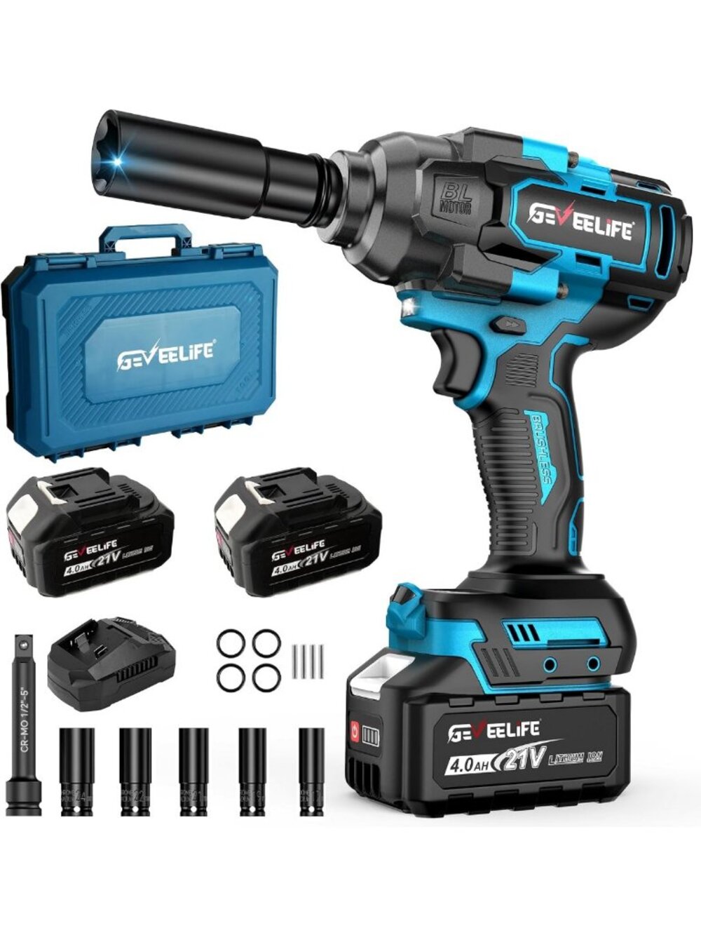 High Torque Cordless Impact Wrench 1200N.m, 1/2" Driver, 2 Batteries & Charger